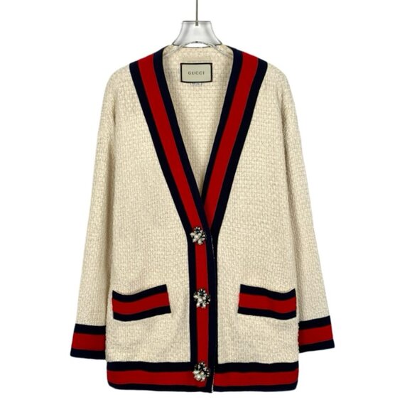 Gucci Beige Pearl Buckle Striped Cotton V-Neck Long Sleeve Knitted Cardigan Coat - Picture 1 of 8